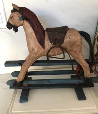 VINTAGE WOODEN RARE ROCKING HORSE. 15x13 inch  leather saddle Antique