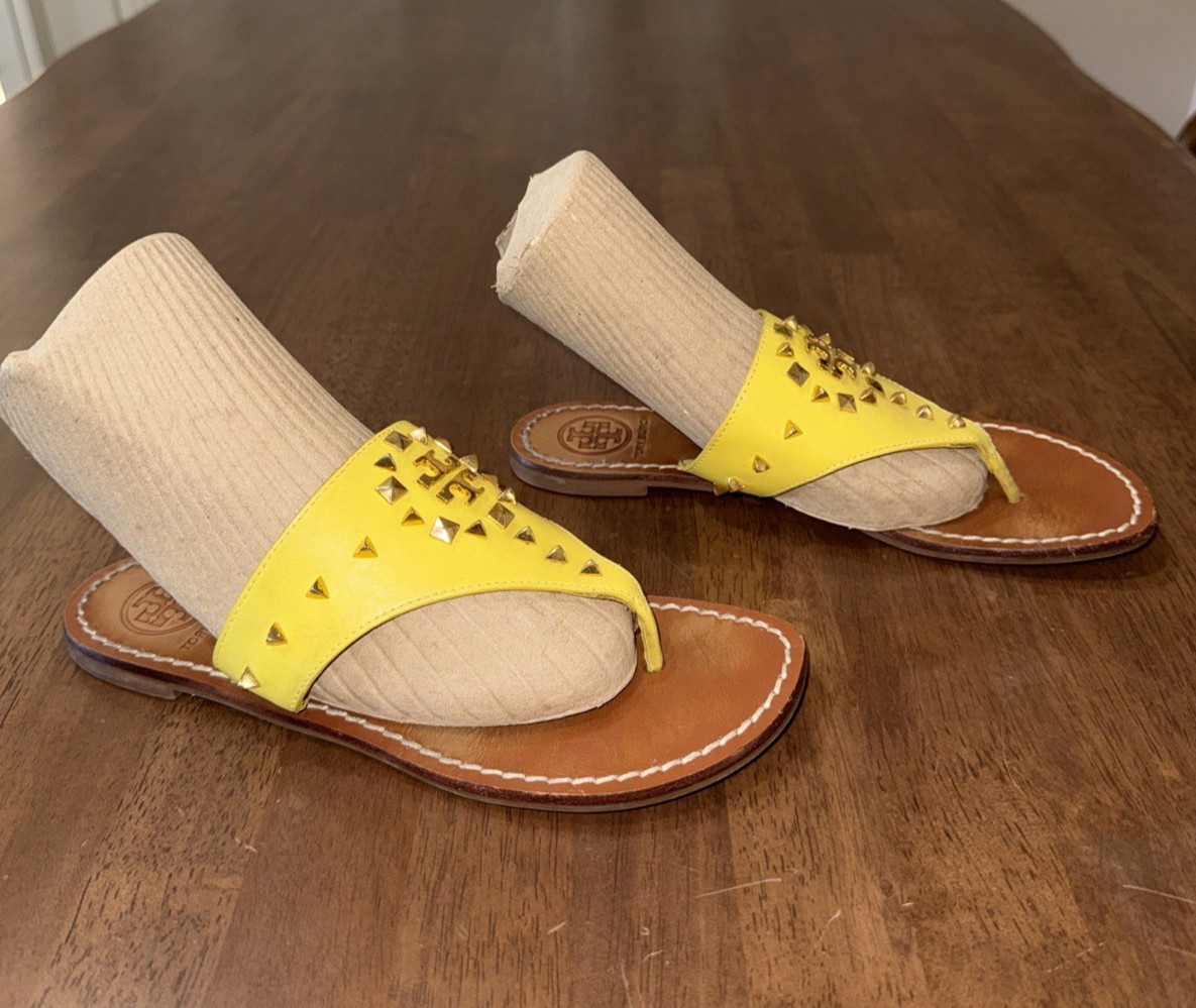 Tory Burch Yellow Leather Studded Thong Slide Sandals Flats Logo Cutout Women 7 thumbnail 6