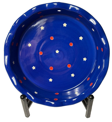 Temptations Blue White Red w/ Stars 9'' Ovenware Baking/Pie Plate Scalloped Edge