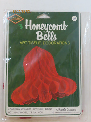 1970's Beistle pkg of 3 7  Honeycomb Art Tissue Red Bells Christmas Decorations
