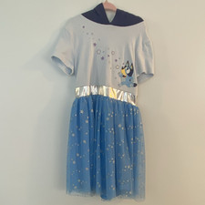 Bluey Girls Hooded Dress Costume w/ Ears Size 6/7 Blue White Cotton
