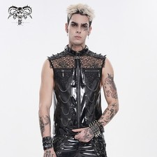 Devil Fashion Men Black Gothic Punk Rock Spiked Leather Vest With Chain Details