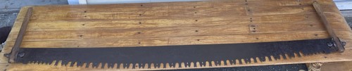 Vintage CROSSCUT SAW 60" Long X 5" Wide BLADE Wooden Handles Lumberjack Logging