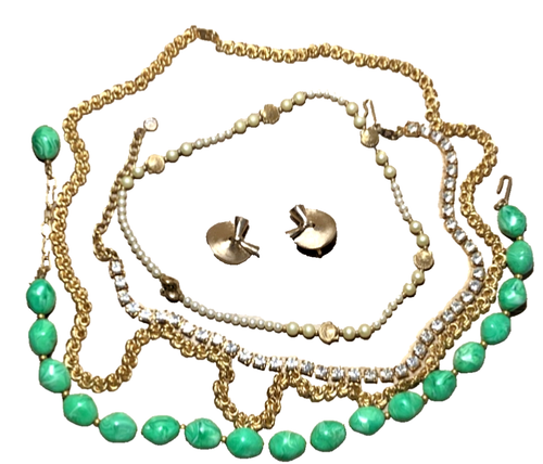 KRONE TRIFARI SCHMUCK KONVOLUT 5 TEILE GOLDFARBENE HALSKETTEN OHRCLIPS - Bild 1 von 2