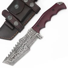 CUSTOM HANDMADE DAMASCUS TRACKER WITH MICARTA HANDLE PREMIMUM LEATHER SHEATH T5