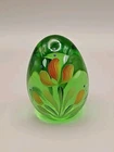 Fenton Art Glass Oval Green Egg Hand Painted Floral & Signed P. Petit 2.5"