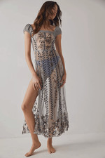 Free People Autumn In Paris Sheer Boho Floral Embroidered Slip Dress Medium