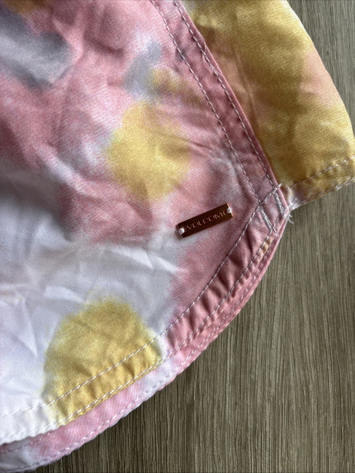 Volcom Tie Dye Shorts Women’s S Pink Yellow Purple Athletic Pull On Back Pocket - Image 2 of 4