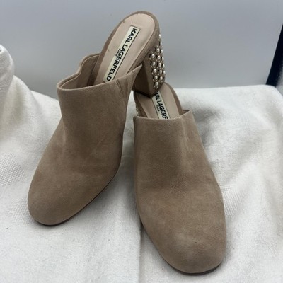 Karl Lagerfeld Paris Semir Taupe Suede Mule Block Heels Pearl Stud Size 6.5