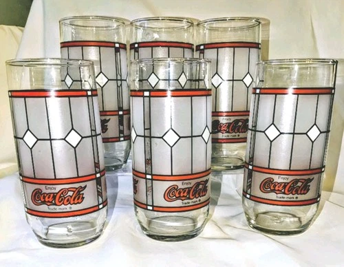 Coca Cola Drinking Glass Frosted Stained Glass Look 16 oz. Vintage 6 Available