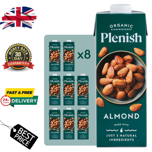 Plenish Organic Unsweetened Almond Milk 1L x 8 Multipack Plant Based Milk
