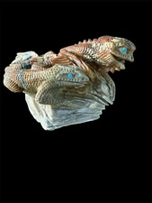Lizard w Iguana Zuni Carving Fetish Signed Calvin Weeka Picasso Marble Turq Eyes