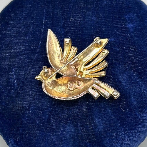 Vintage 1930s Fred Gray Bird Pin Brooch Gold Tone Red Rhinestones - Picture 2 of 17