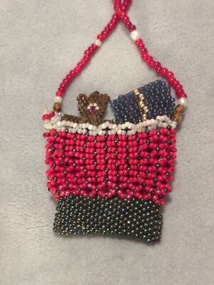 Handmade Seed Bead Christmas Beaded necklace Bear Gift Pouch Candy Cane 