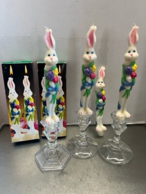 Vintge Easter Candles 8'' Bunny Floral Tapers 2 Boxes Of 2 Total 4 Made By Giftco