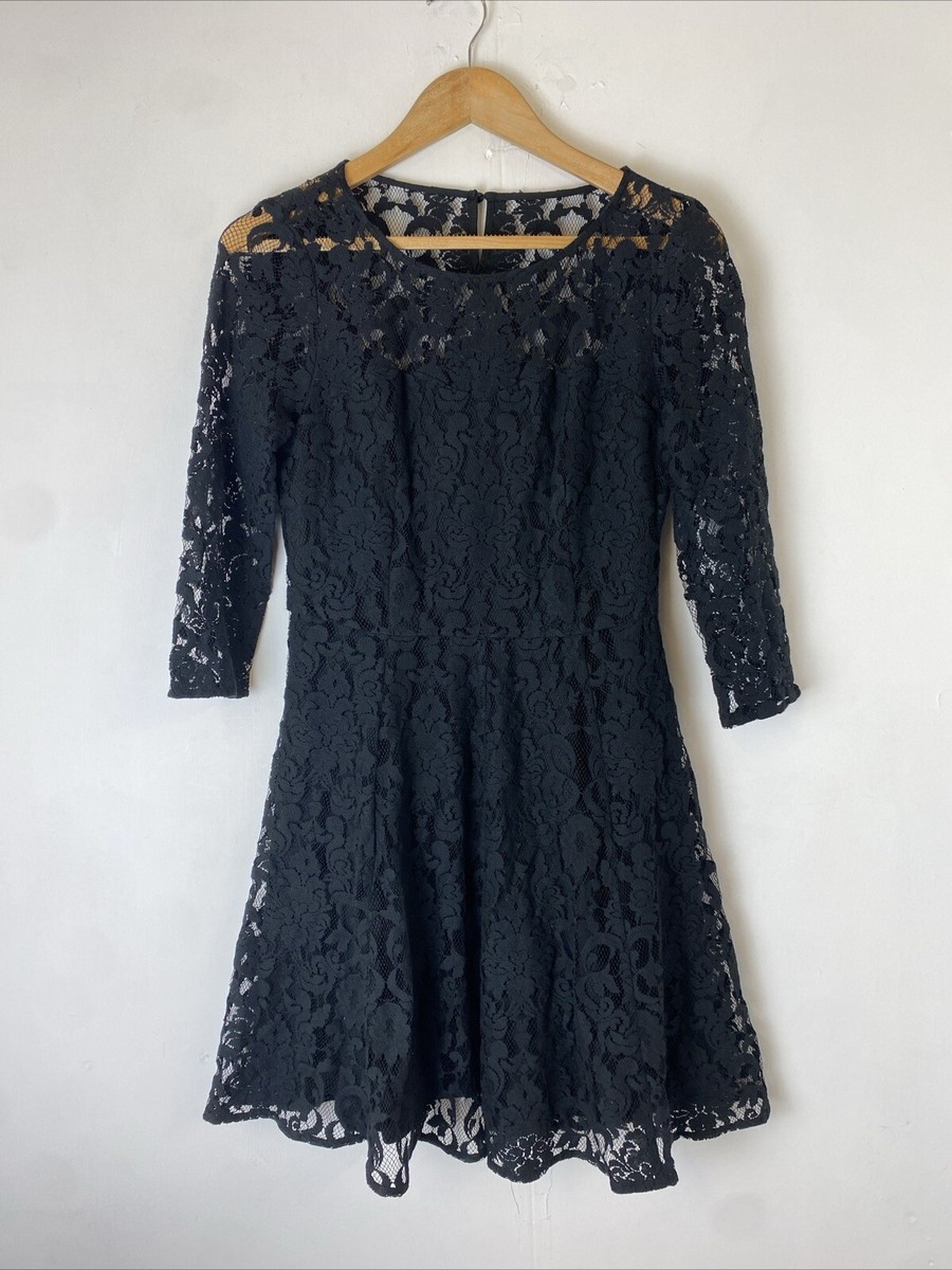 M&S Collection Petite Black Lace Half Sleeved Skater Dress UK Size