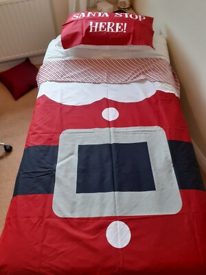 Weihnachtsmann Single Bettbezug Set Neu + 2 rote Kissenbezüge und Spannbettlaken