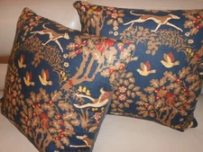 Lee Jofa pillows MILLE FLEUR PRINT printed Linen Brown Red on dark blue new PAIR