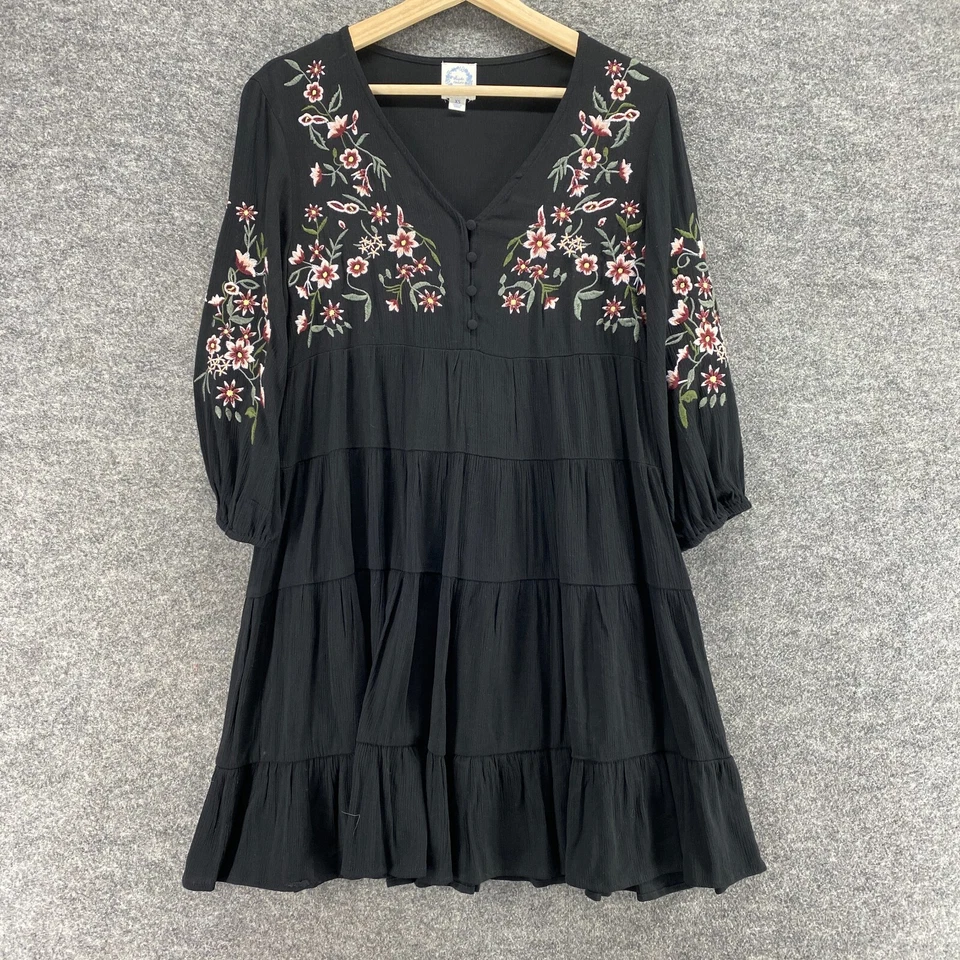 Blue Rain Dress Women XS Black Floral Embroidered Shift Short V-Neck Button - Image 3 of 4