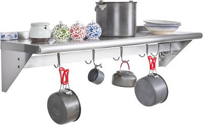 HALLY Stainless Steel Shelf with 6 Hooks 12'' X 48'' Wall Mounted Pot Rack, NSF Co