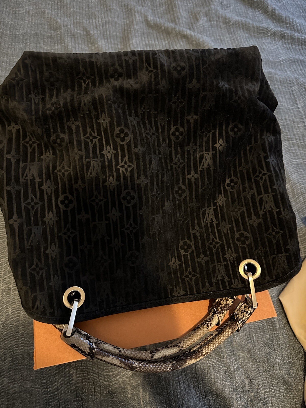 Authentic Louis Vuitton Black Suede Python Handba… - image 2