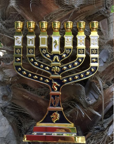 Blaue Emaille Menora vergoldet 7 Zweige 12 Stämme Israels Jerusalem 10,8 Zoll - Bild 6 von 8