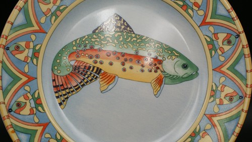 1 Speiseteller Splash Siddhia Hutchinson Essex gelb blau Fisch Hintergrund blau - Bild 2 von 4