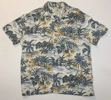 ISLAND SHORES Hawaiian Aloha Tropical Camp Shirt XL Chest 48” Tiki Huts EUC