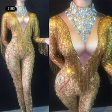 Long Sleeve Fringe Party Tight Crystal Rhinestone Jumpsuit Dancer Costume 2022