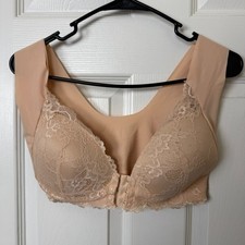 Women's Large Nude Beige Lace Overlay Front-Close Leisure Comfort Bra
