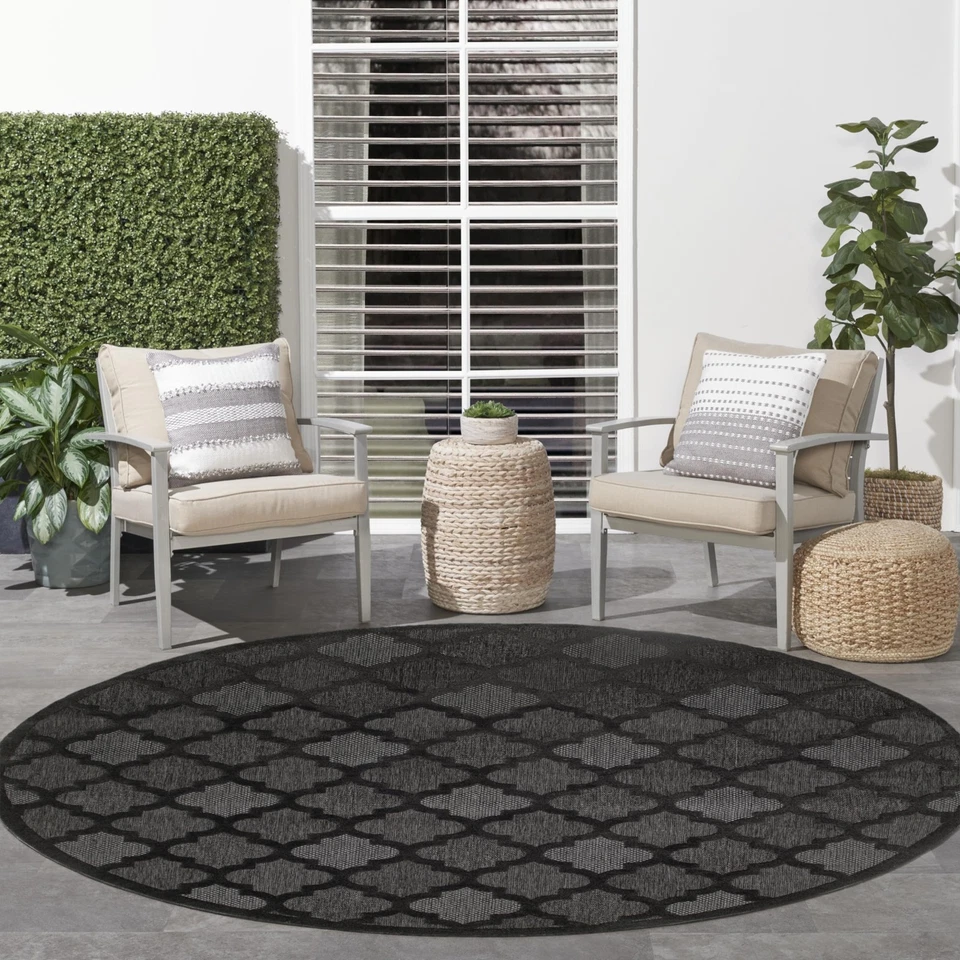 8 Round Charcoal Black Indoor Outdoor Textured Rug Easy Care Low Maintenance - Image 4 of 4