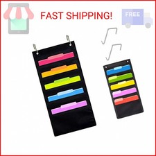Hanging Wall File Organizer, 5 Pocket, Black Wall Storage Pocket Charts with 2 H