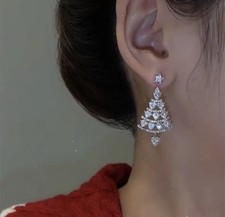 New Christmas Holiday Rhinestone Earrings Drop Dangle Stud Silver Tone Tree New