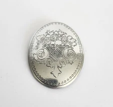 Vintage KIRK STIEFF Pewter Etched Flower Floral Fruit Basket Oval Brooch Pin