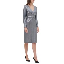NWT Tommy Hilfiger Metallic Silver V Neck Long Sleeve Sheath Dress Size 14