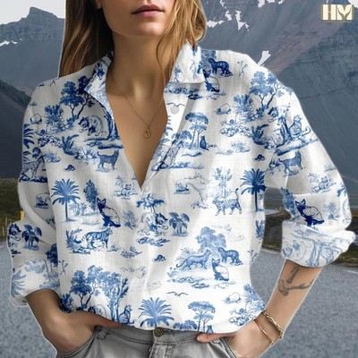 Blue White Feline Toile Blouse Rustic Style for Cat Mom Birthday Gift