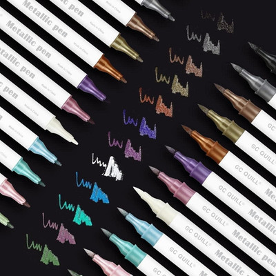 12 Colors Metallic Marker Pens - Dual Tip Brush and Fine Point Pens for DIY Albu