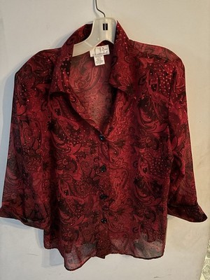 Women s CB Collection Plus 1X Sheer Red/Black Paisley Blouse 3/4 Sleeve NWT