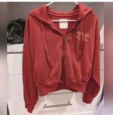 Abercrombie Fitch Crop Fleece Full Zip Hoodie Red Logo Gold Stitching Limited Ed