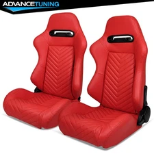 Reclinable Pair Racing Seats + Dual Sliders Red PU Leather
