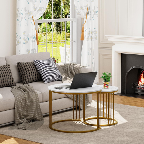 Coffee Table Faux Marble Nesting Table for Small Place 2 Sets Modern Furniture L - Picture 4 of 7