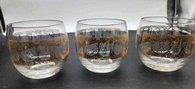 (3) 1960s Culver FLORENTINE Roly Poly Glasses   Gold Fruit Motif Band  22K GOLD!