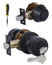 Keyed Alike Entry Door Knobs and Single Cylinder Deadbolt Lock Combo Set Secu...