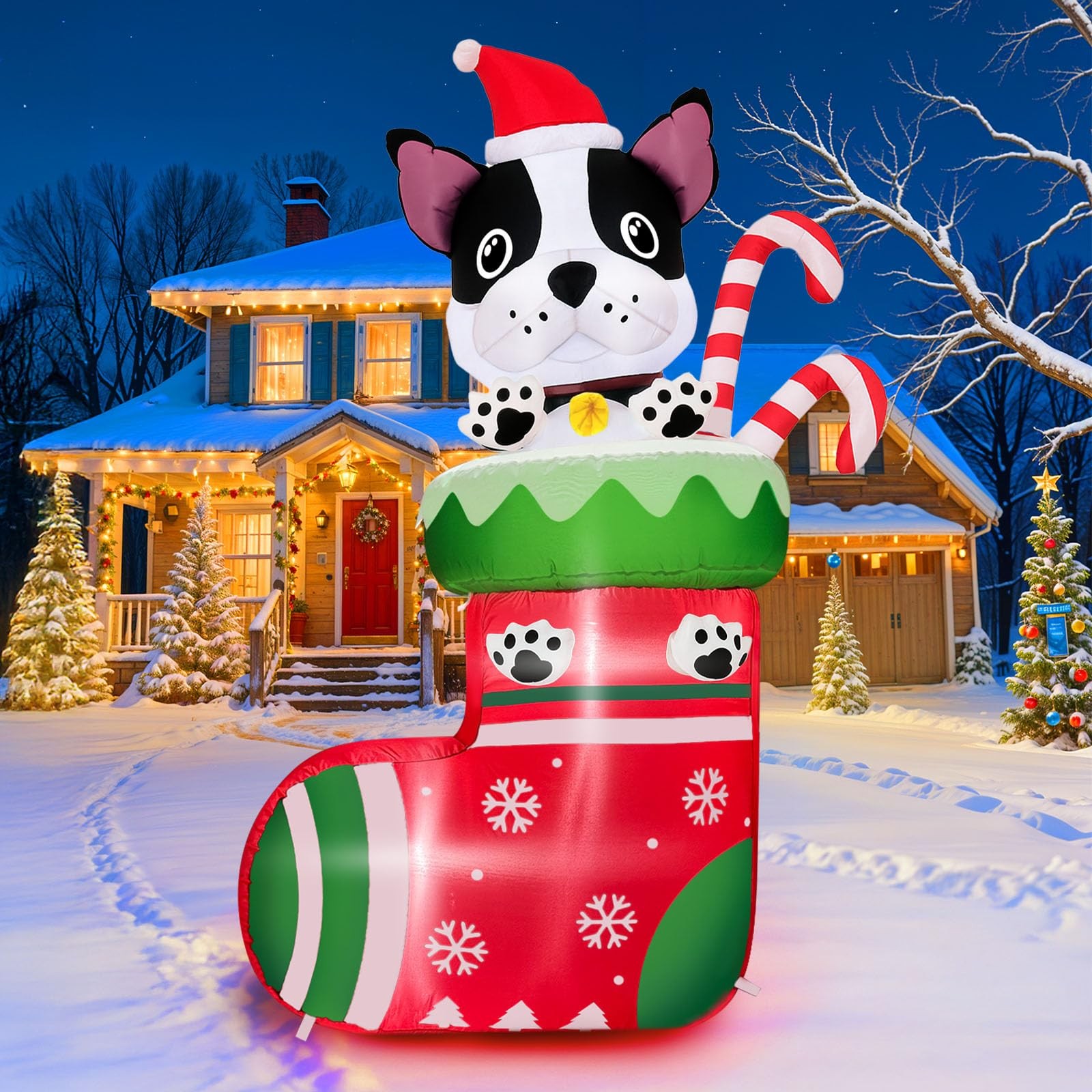 6FT Christmas Inflatables Dog in Stocking, Christmas Blow Up Yard Decorations