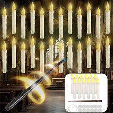 Floating Hanging Flickering Flameless LED Taper Candles with Magic Wand Remote