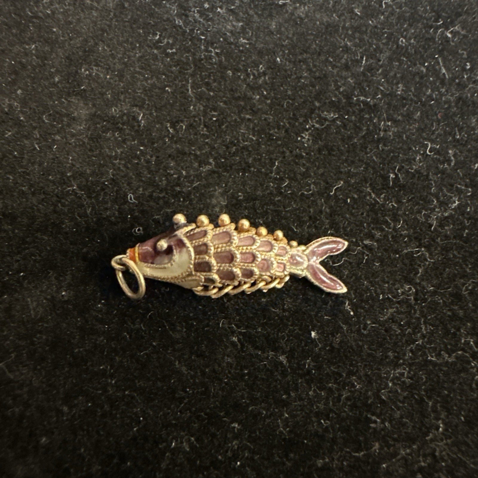 Vintage Cloisonné Enamel Articulated Koi Fish Necklace Pendant Charm Gold Purple