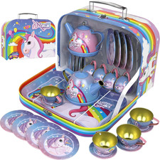 Magical Unicorn Tea Set for Little Girls, 15Pcs Pretend Play Tea Party Set w/ Ca