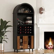 71" Farmhouse Arched Wine Bar Cabinet, Black with Wine Rack & Glass Holder
