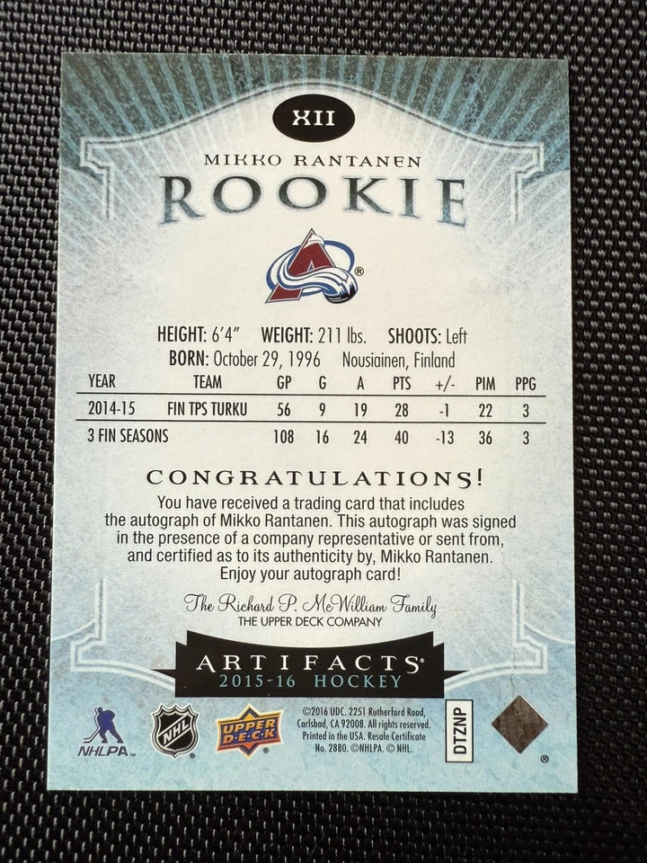2015-16 Mikko Rantanen Artifacts Rookie Auto Inscribed Go Avs RC Autograph /135  - Image 2 of 4