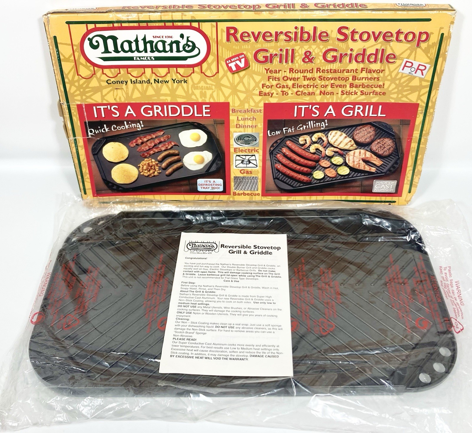 Nathan's Reversible Stovetop Grill & Griddle for BBQ Non-Stick Hot Dogs